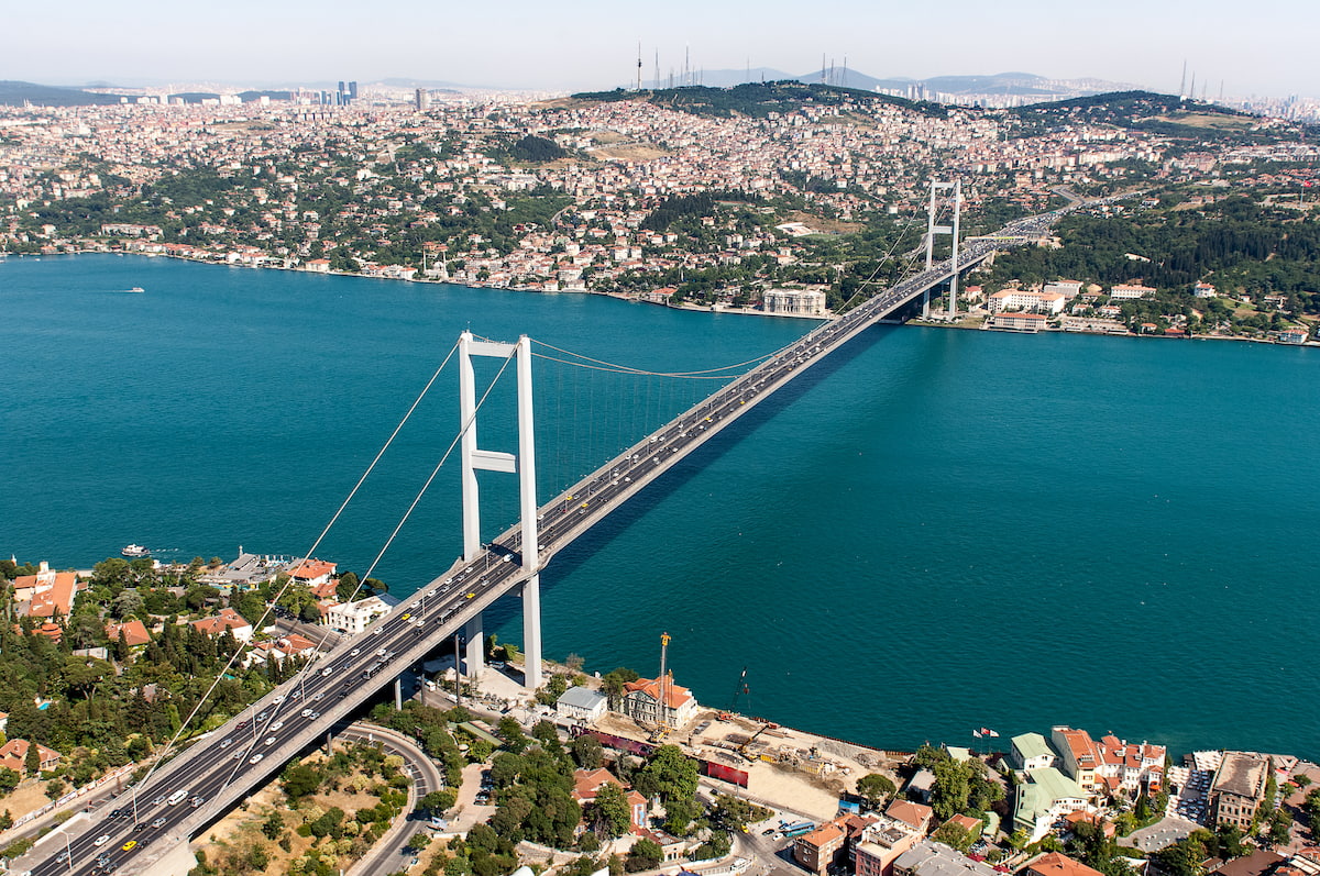 Aerial view of the Bosphorus Bridge connecting the European and Asian sides of Istanbul