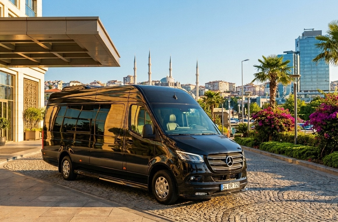 Black VIP minibus parked outside a hotel in Istanbul with the city skyline in the background.